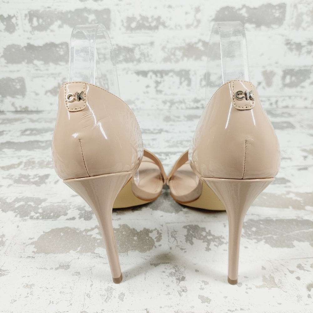 New Calvin Klein Tracy Tan Patent Square Toe Heeled Sandals F248 - Picture 6 of 13